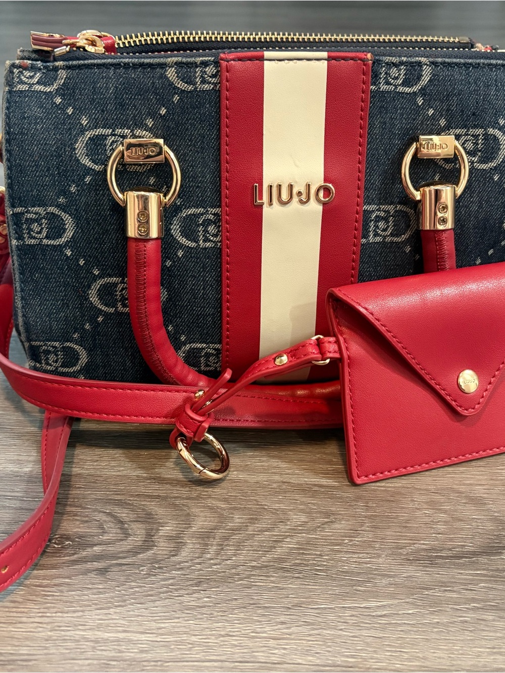 Liu Jo Denim Monogram Crossbody with Red & Cream Stripe and Cardholder